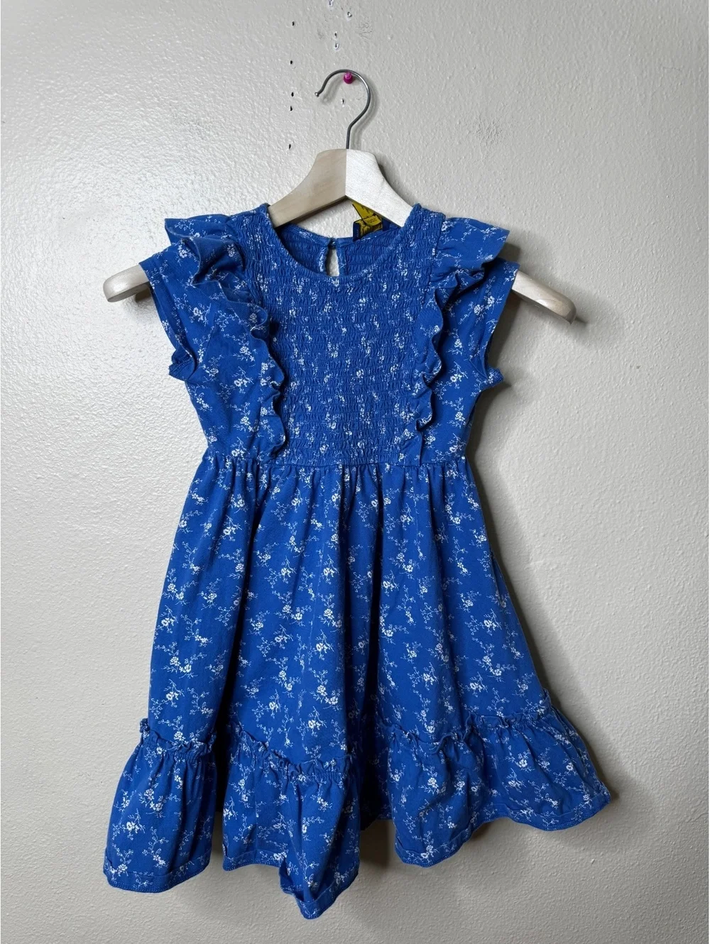 Polo Ralph Lauren Dress Girls 8-10 Blue Floral Smocked Ruffle Fit Flare